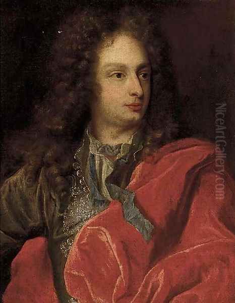 Portrait of a gentleman, half-length, in a grey coat with a red cloak Oil Painting by Nicolas de Largilliere