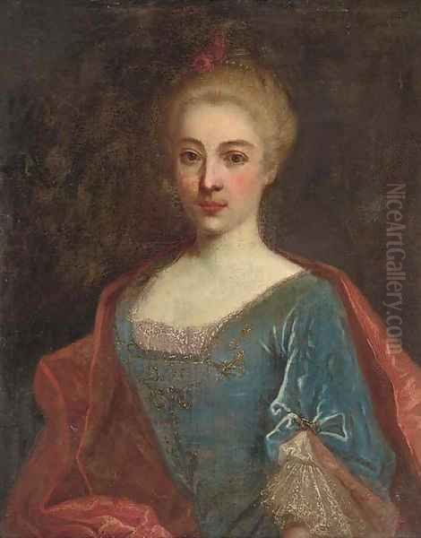 Portrait of a lady, bust-length, in a gold embroidered dress and a red mantle Oil Painting by Nicolas de Largilliere