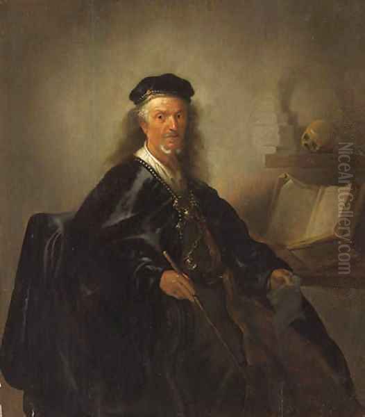 Portrait of a Mathematician, seated three-quarter-length, in a black cloak, holding a stick and a piece of paper, a book of geometry beside him Oil Painting by Paulus Lesire