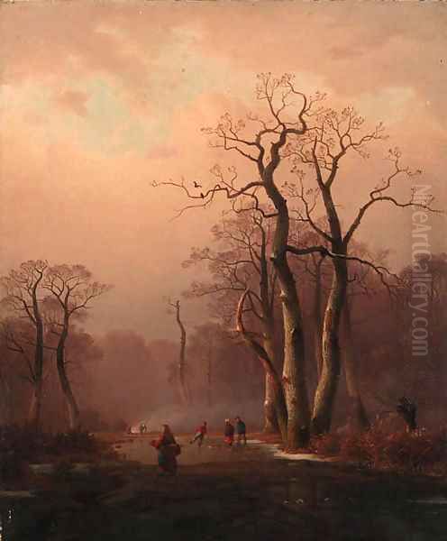 Figures in a frozen Winter landscape Oil Painting by Charles Leickert