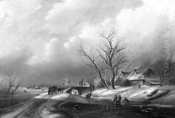 A winter landscape with figures on a frozen waterway Oil Painting by Charles Leickert