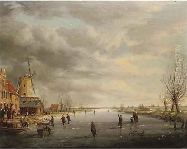 Figures on a frozen canal Oil Painting by Charles Leickert