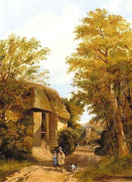 Figures on a track by a barn, a village beyond Oil Painting by Frederick Richard Lee