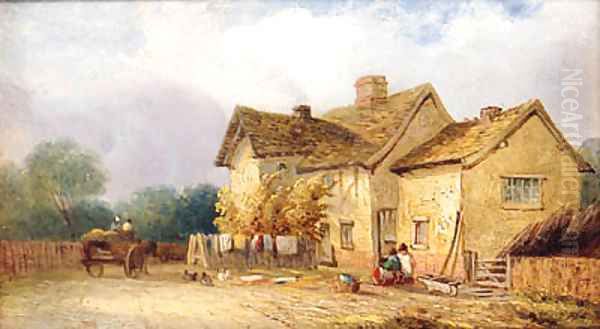 Children Before A Cottage With A Horse And Cart Beyond Oil Painting by Georgina Lara