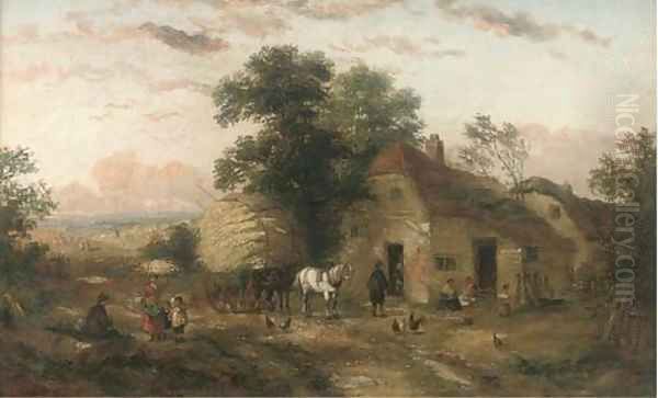 A hay cart and figures outside a farm; and At the village pump Oil Painting by Georgina Lara