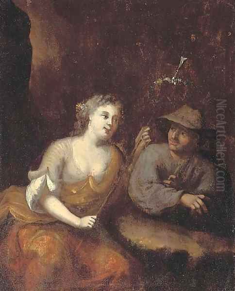 Lady as a shepherdess with a peasant in a rocky gorge Oil Painting by Jacob van Loo