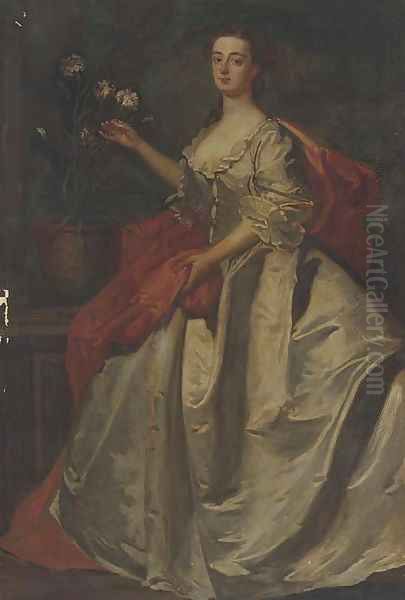 Portrait of Mary, wife of Edward Howard, 9th Duke of Norfolk, full-length, in a pale blue dress and red wrap Oil Painting by James Latham