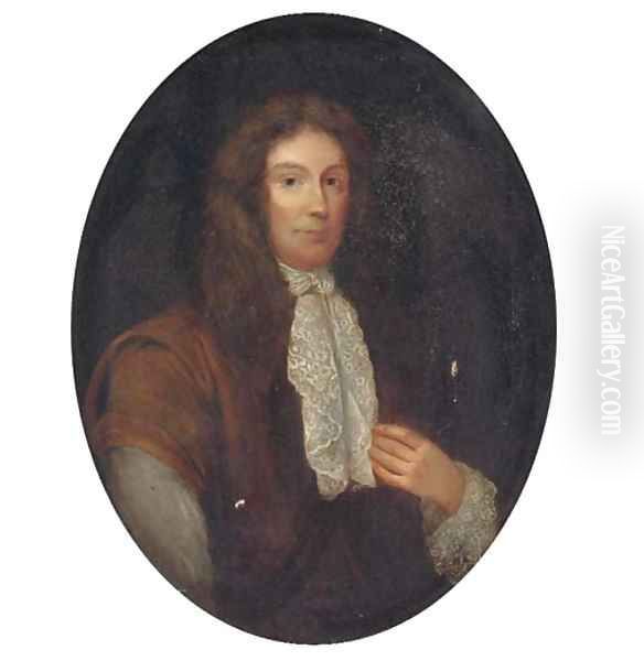 Portrait of a gentleman, bust-length, in a brown cloak and lace cravat, painted oval Oil Painting by James Latham