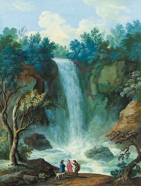 Figures and a dog standing before a waterfall Oil Painting by John Laporte