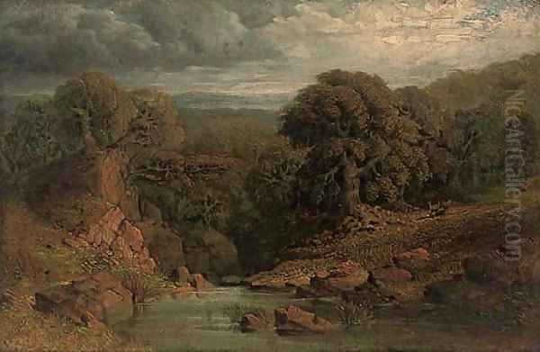 A wooded river landscape with a deer beyond Oil Painting by John Linnell