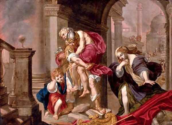 Aeneas carrying his father Anchises from the burning Troy with Ascanius and Creusa Oil Painting by Willem Van Mieris Leiden