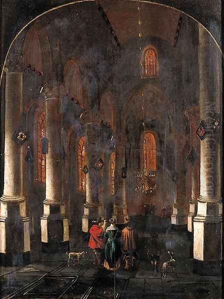 A view in a Gothic Church, with elegant townsfolk in the aisle Oil Painting by Bartholomeus Huybrechtsz. Lutensz. (Luyter)