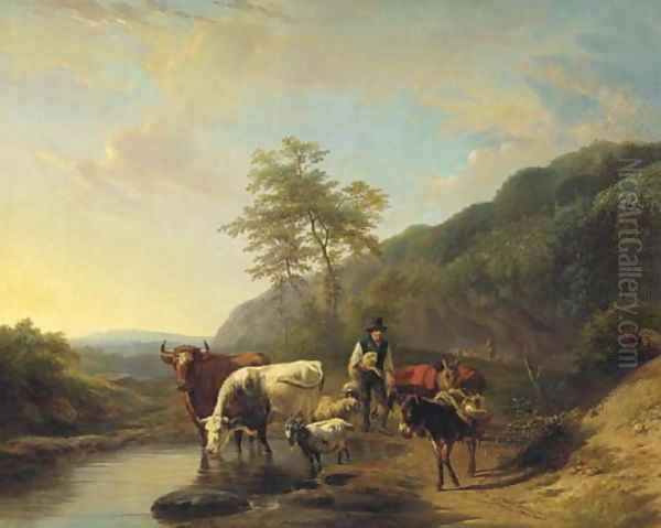 A shepherd and his flock in an Italianate landscape Oil Painting by Frans Lebret