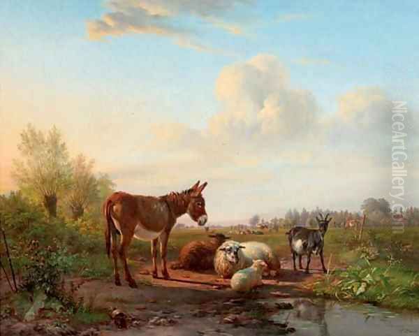 Cattle resting by a pool Oil Painting by Frans Lebret