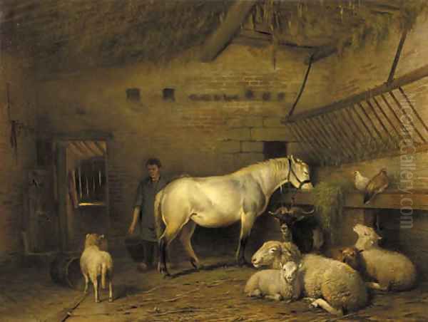 A groom tending a horse in a barn Oil Painting by Frans Lebret