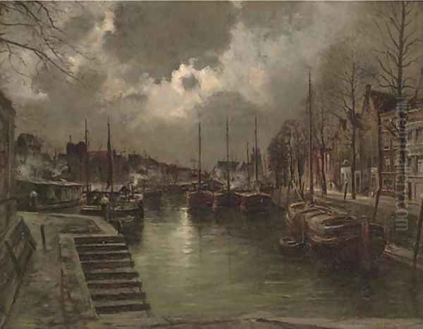 Dordrecht by moonlight Oil Painting by Pierre-Franc Lamy