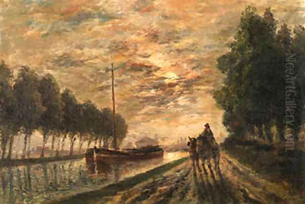 La canal de l'Ourcq, chemin de halage, effet de lune Oil Painting by Stanislas Victor Edouard Lpine