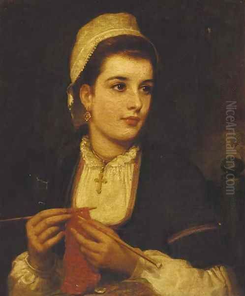 A young lady knitting in an interior Oil Painting by Charles Sillem Lidderdale