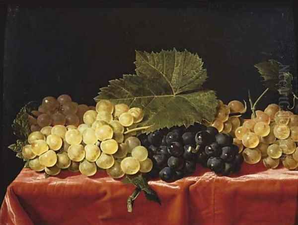 Red and white grapes on a draped table Oil Painting by Paul Liegeois