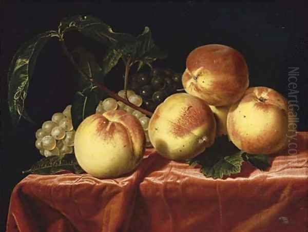 Peaches and grapes on a draped table Oil Painting by Paul Liegeois