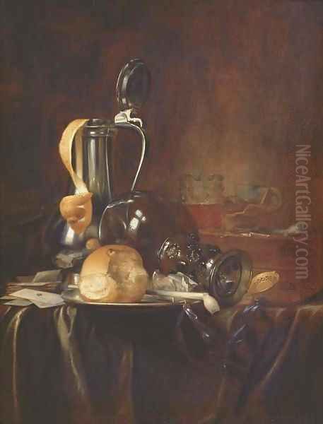 A pewter jug and cover with a peeled lemon Oil Painting by Simon Luttichuys