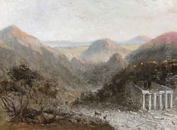 A ruined temple in an Italianate landscape Oil Painting by William Linton