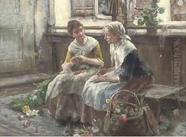 The two flower girls Oil Painting by Arthur Langhammer