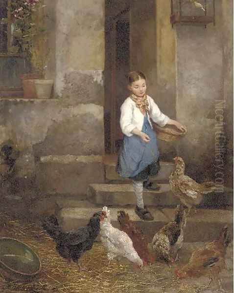 Feeding the Chickens Oil Painting by Camille Leopold Cabaillot Lassale