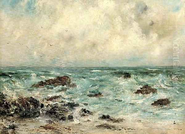 Waves breaking on a rocky coast Oil Painting by James Leith