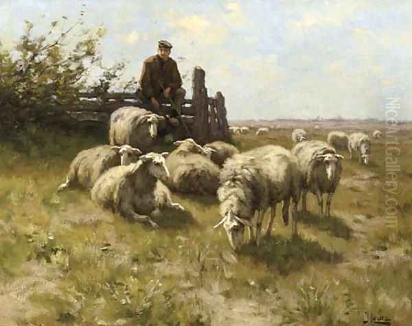 A shepherd with his flock resting on the heath Oil Painting by Johannes Karel Leurs