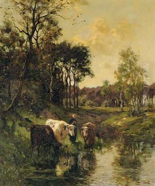 Watering cows by a forest Oil Painting by Johannes Karel Leurs