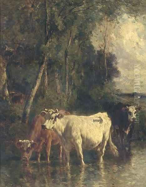 Cattle at the river Oil Painting by Emile Van Marcke De Lumman