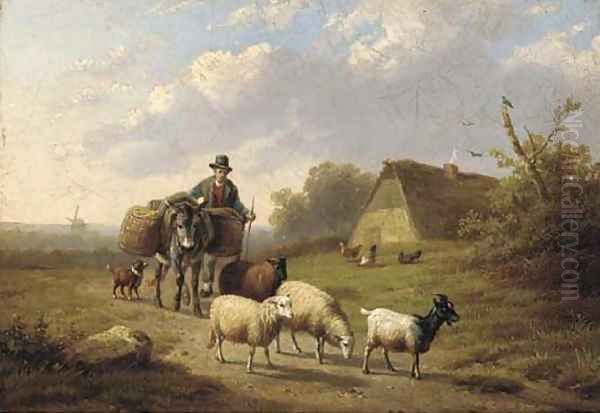 A shepherd and his flock Oil Painting by Jan Van Leemputten