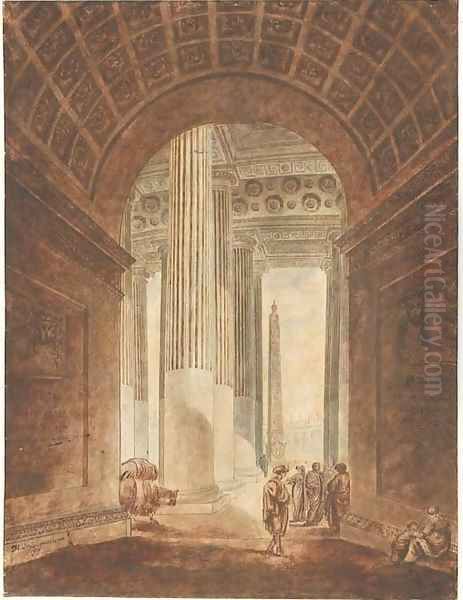 The colonnade of the piazza of Saint Peter's, Rome, with the obelisk seen through an arch Oil Painting by Louis-Nicolas Louis (Victor Louis)