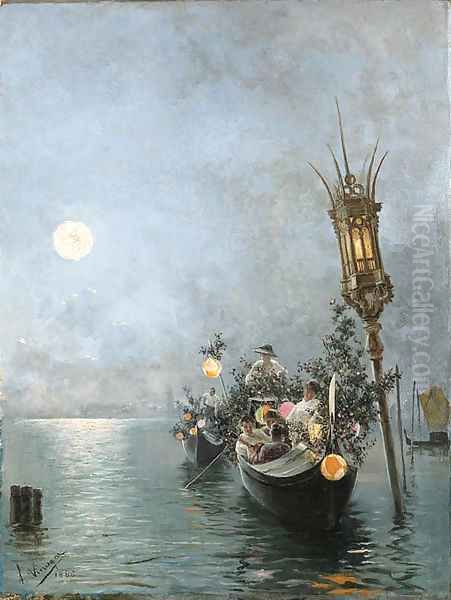 A gondola ride at night Oil Painting by Salvador Viniegra Y Lasso