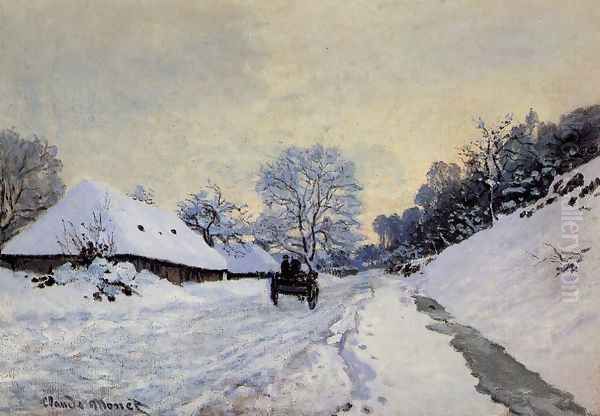 A Cart On The Snow Covered Road With Saint Simeon Farm Oil Painting by Claude Oscar Monet