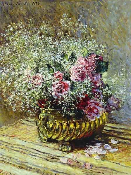 Flowers In A Pot Aka Roses And Babys Breath Oil Painting by Claude Oscar Monet