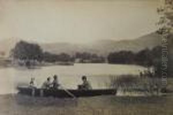 Figures In Boat At River Bank Oil Painting by Roger Fenton