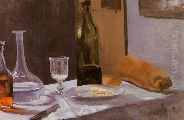 Still Life With Bottle Carafe Bread And Wine Oil Painting by Claude Oscar Monet