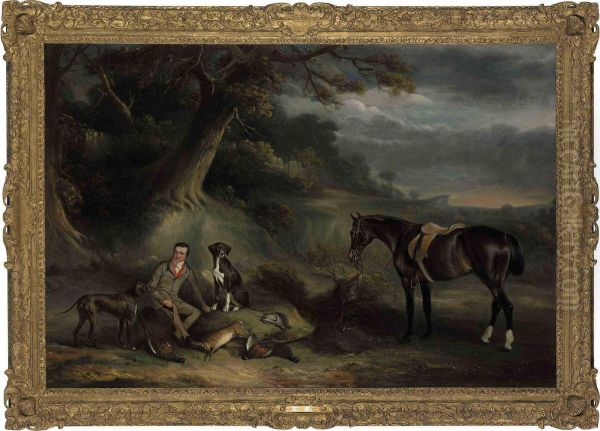 Charles Hibbert Of Baldock, 
Hertfordshire With A Bay Hunter, Two Pointers And The Day's Bag On 
Letchworth Common Oil Painting by John Snr Ferneley