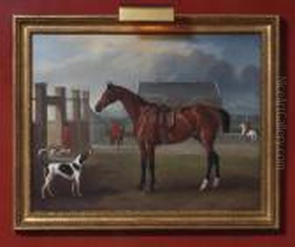 The Bay Hunter Gillingham 
Outside The Quorn Kennels With Huntsman George Montford And Whips W. 
Darby And T. Ball Oil Painting by John Snr Ferneley