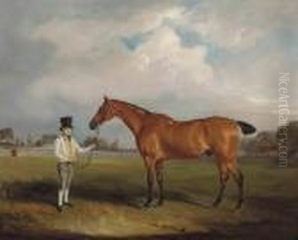 Harry Goodrich's Bay Hunter Smasher And Groom In Ribstonpark Oil Painting by John Snr Ferneley