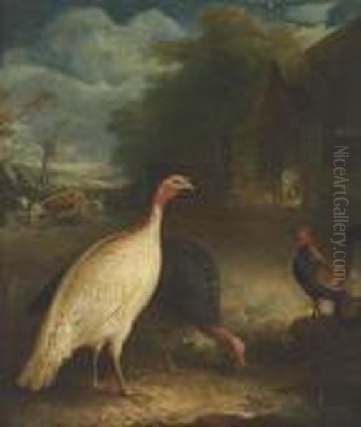 Poultry And Cattle In A Farmyard, Twilight Oil Painting by John Snr Ferneley