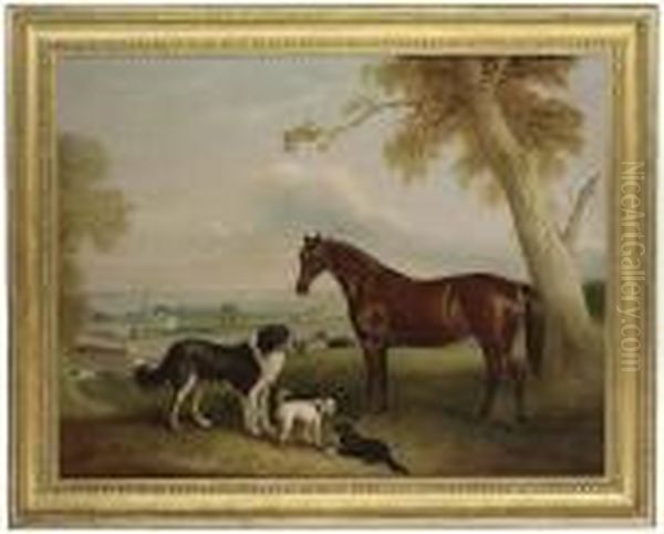 A Hunter And Three Dogs Oil Painting by John Snr Ferneley