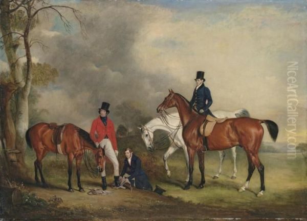 Portrait Of Captain James Ogilvy
 Fairlie Of Coodham, Full-length, In Hunting Dress, With His Grooms John
 Jennay And Cooper, And His Hunters Oil Painting by John Snr Ferneley