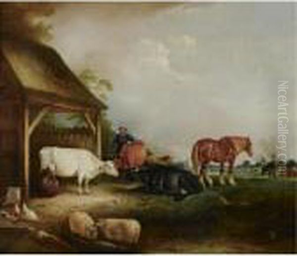 A Herdsman With Cattle, Sheep And Chickens Oil Painting by John Snr Ferneley