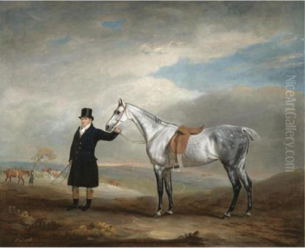 Lord Herbert's Grey Mare Being Held By A Groom, A Hunt Beyond Oil Painting by John Snr Ferneley