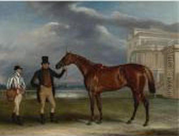 Sir J. Boswell's General Chasse With Trainer And Jockey Holmes At Aintree Racecourse Oil Painting by John Snr Ferneley