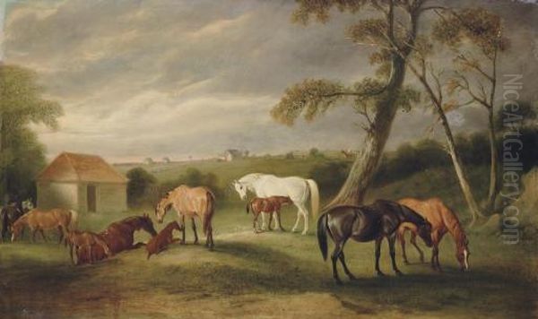 Mares And Foals In An Extensive Landscape Oil Painting by John Snr Ferneley