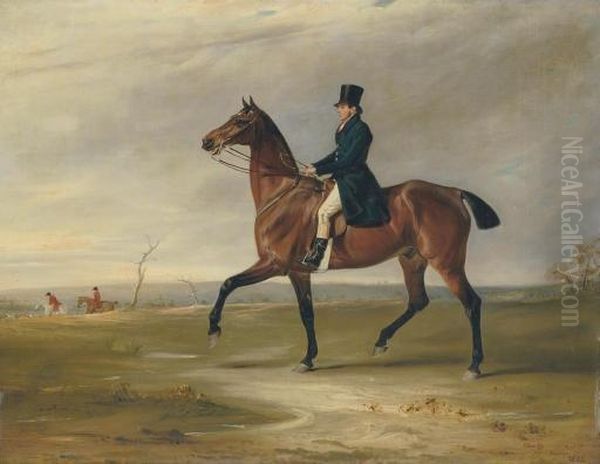 A Gentleman, Possibly Francis Holyoake, On A Bay Hunter In A Landscape, A Hunt Beyond Oil Painting by John Snr Ferneley